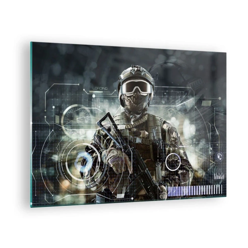 Glasbild - Bild auf glas - Ein Soldat in taktischer Ausrüstung vor dem Hintergrund einer futuristischen Benutzeroberfläche. - 70x50cm - Macht zu Macht - Moderne Wanddekoration für Wohnzimmer und Schlafzimmer ARTTOR