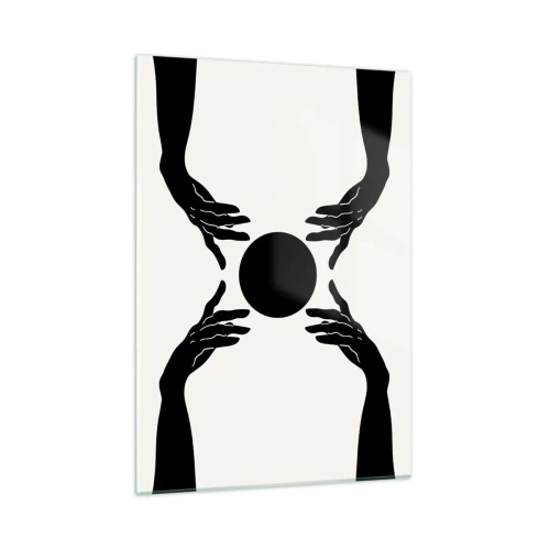 Glasbild - Bild auf glas - Schwarze Hände um einen schwarzen Kreis auf hellem Hintergrund - 50x70cm - Geheimes Zeichen - Moderne Wanddekoration für Wohnzimmer und Schlafzimmer ARTTOR