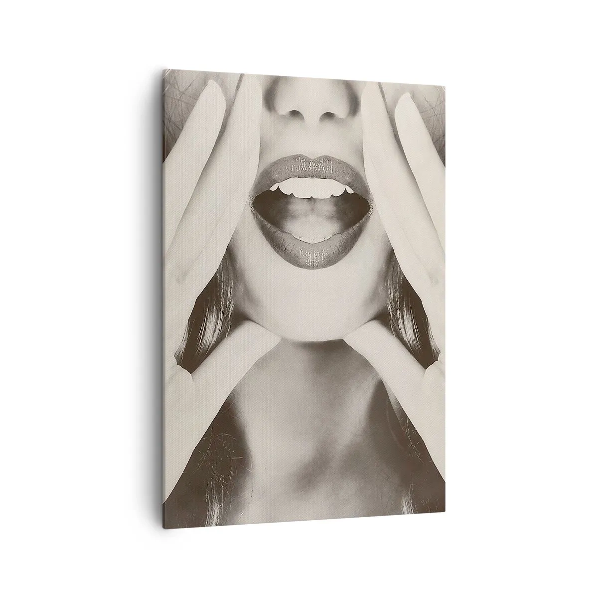 Bild auf Leinwand - Leinwandbild - Schwarz-Weiß-Porträt einer Frau mit ausdrucksstarken Lippen und Händen - 70x100cm - Ich komme schon! - Moderne Wanddekoration für Wohnzimmer und Schlafzimmer ARTTOR