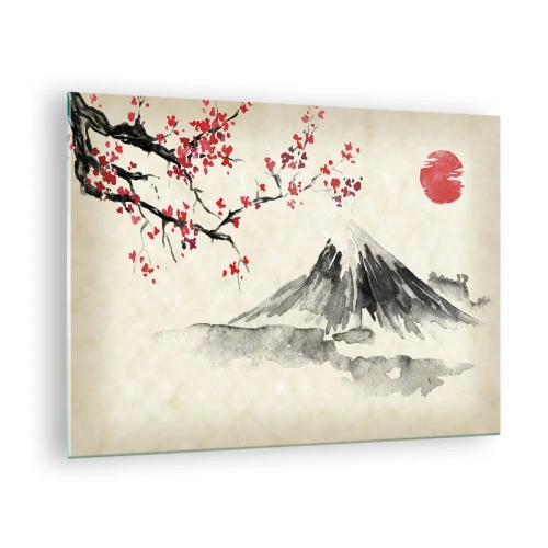 Glasbild - Bild auf glas - Japanisches Aquarell eines Berges und eines blühenden Zweiges - 70x50cm - Liebe Japan - Moderne Wanddekoration für Wohnzimmer und Schlafzimmer ARTTOR