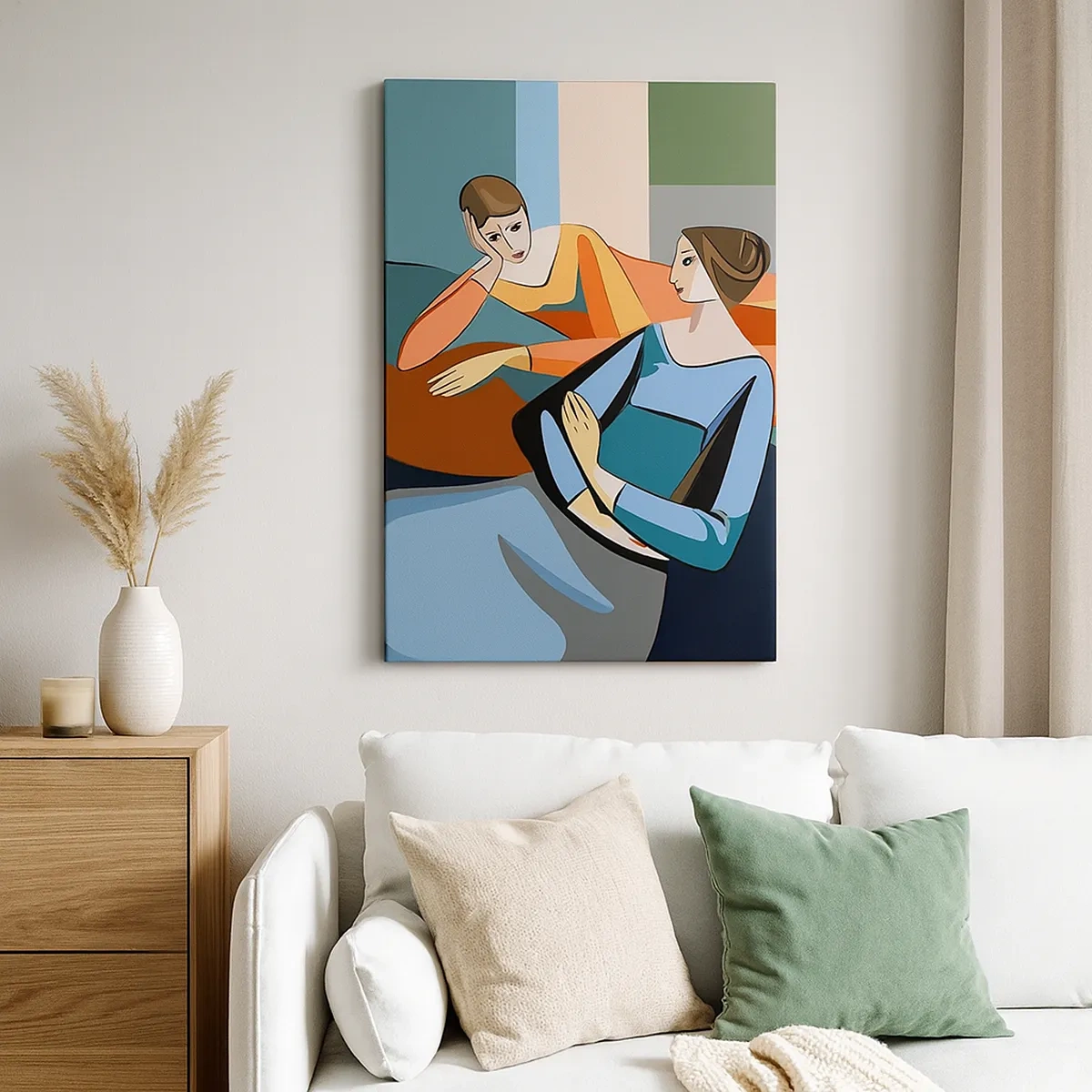 Bild auf Leinwand - Leinwandbild - Abstrakte Darstellung zweier Frauen im kubistischen Stil - 50x70cm - Moment der Zuversicht - Moderne Wanddekoration für Wohnzimmer und Schlafzimmer ARTTOR