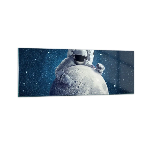 Glasbild - Bild auf glas - Astronaut hält den Mond vor einem Sternenhimmel - 140x50cm - Weltraumjoker - Moderne Wanddekoration für Wohnzimmer und Schlafzimmer ARTTOR