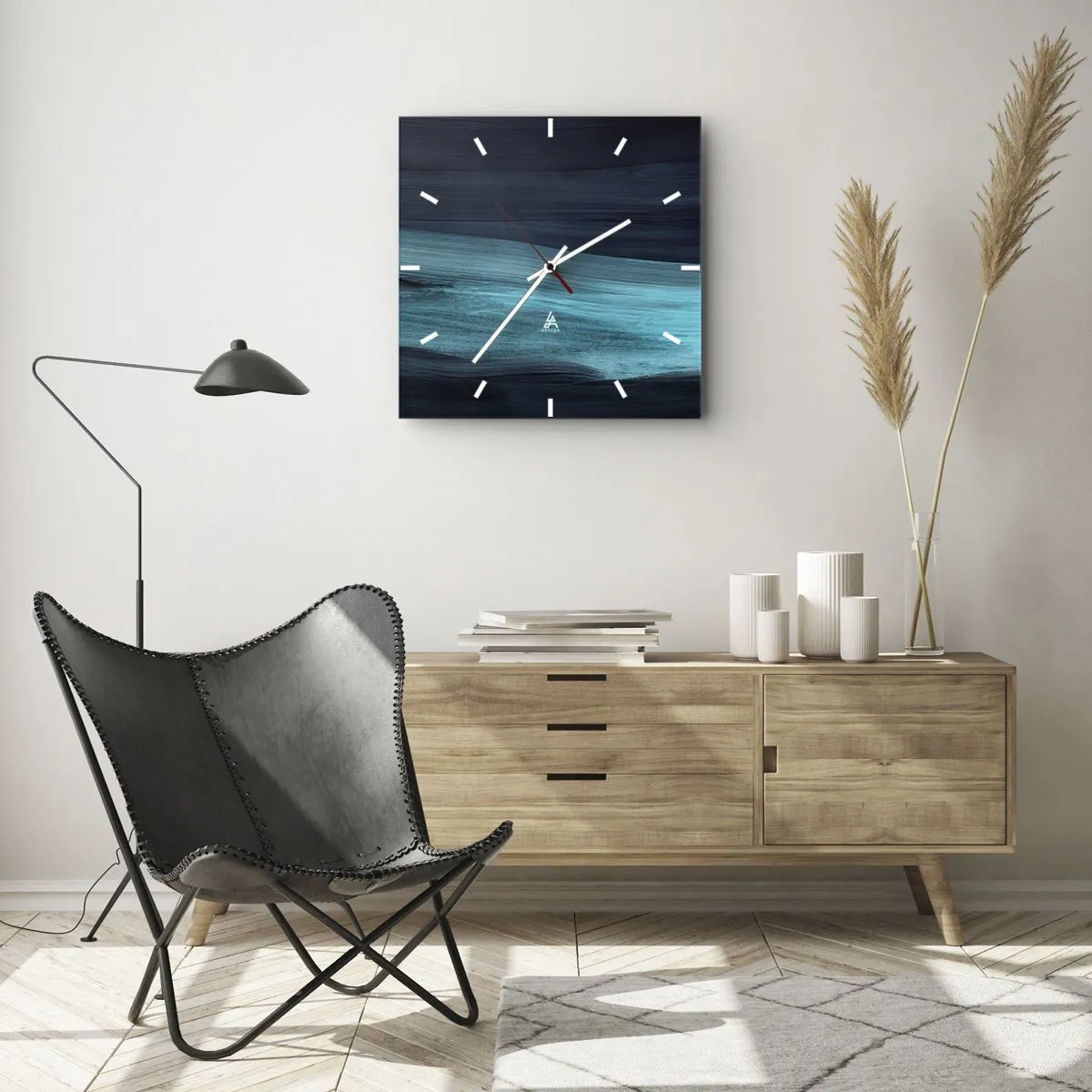 Wanduhr - Glasuhr - Dezente abstrakte Wellen in dunklen Blautönen - 30x30cm - Gehen Sie mit dem Strom - Moderne Wanddekoration für Wohnzimmer und Schlafzimmer ARTTOR