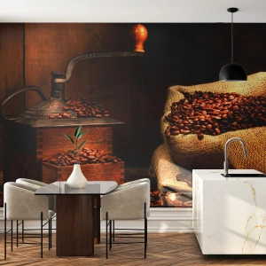 Selbstklebende Fototapete Deluxe Sticker - Stillleben mit Kaffeebohnen und einer Mühle - Gastronomie, Kaffee, Kaffeemühle - 100x70 cm