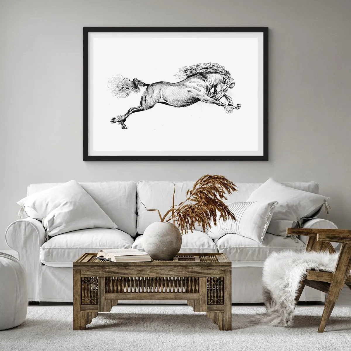 Poster in einem schwarzem Rahmen - Skizze eines Pferdes im dynamischen Galopp auf weißem Hintergrund - 70x50cm - Im Galopp festgehalten - Moderne Wanddekoration für Wohnzimmer und Schlafzimmer ARTTOR
