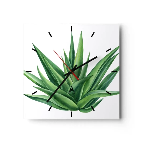 Wanduhr - Glasuhr - Eine saftige grüne Pflanze auf weißem Hintergrund - 30x30cm - Grün – Kraft – Leben - Moderne Wanddekoration für Wohnzimmer und Schlafzimmer ARTTOR