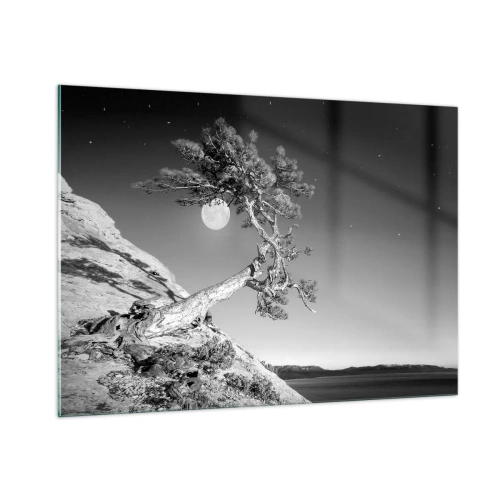 Glasbild - Bild auf glas - Ein schiefer Baum auf einem Hügel mit dem Mond im Hintergrund - 100x70cm - Siegreiche Kämpferin - Moderne Wanddekoration für Wohnzimmer und Schlafzimmer ARTTOR