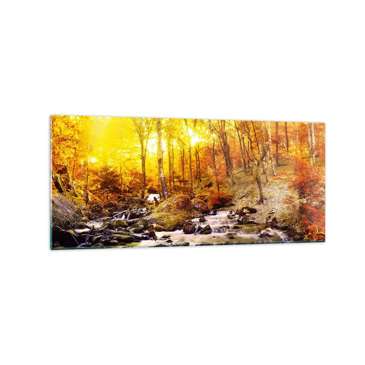 Glasbild - Bild auf glas - Herbstwald mit einem Bach zwischen goldenen Blättern - 120x50cm - In Gold und Platin gefasste Steine - Moderne Wanddekoration für Wohnzimmer und Schlafzimmer ARTTOR