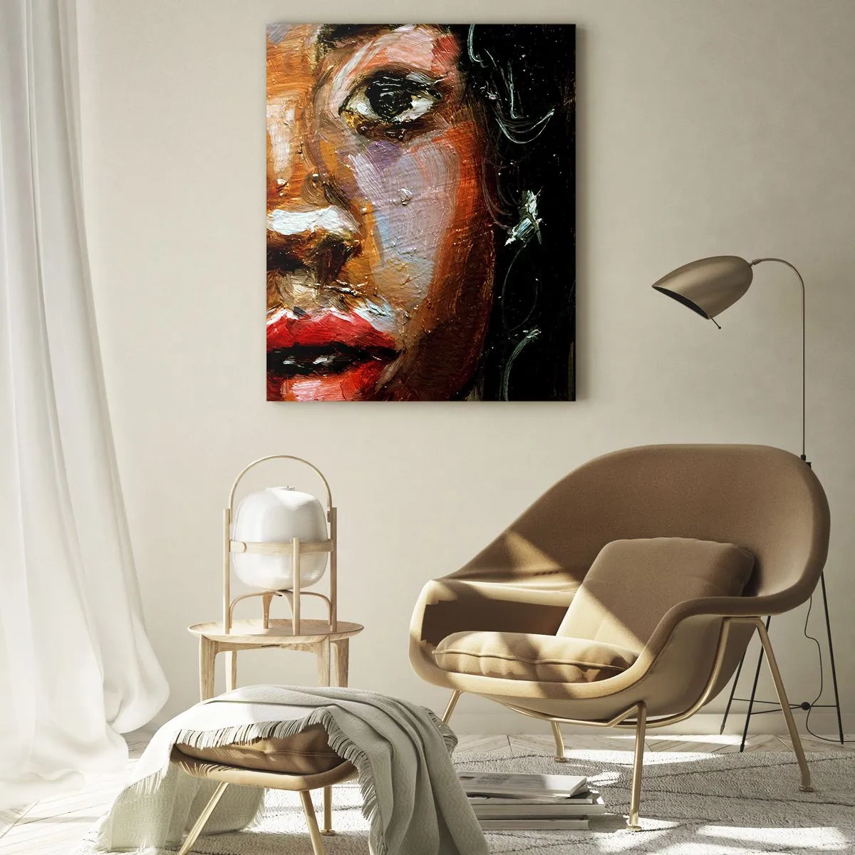 Glasbild - Bild auf glas - Fragment eines farbenfrohen Frauenporträts im malerischen Stil - 50x70cm - Schwarz und Glanz - Moderne Wanddekoration für Wohnzimmer und Schlafzimmer ARTTOR