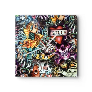 Wanduhr - Glasuhr - Farbenfrohe Kunstwerke im Tattoo-Stil mit Totenköpfen und nautischen Motiven - 30x30cm - Der Traum des Tätowierers - Moderne Wanddekoration für Wohnzimmer und Schlafzimmer ARTTOR