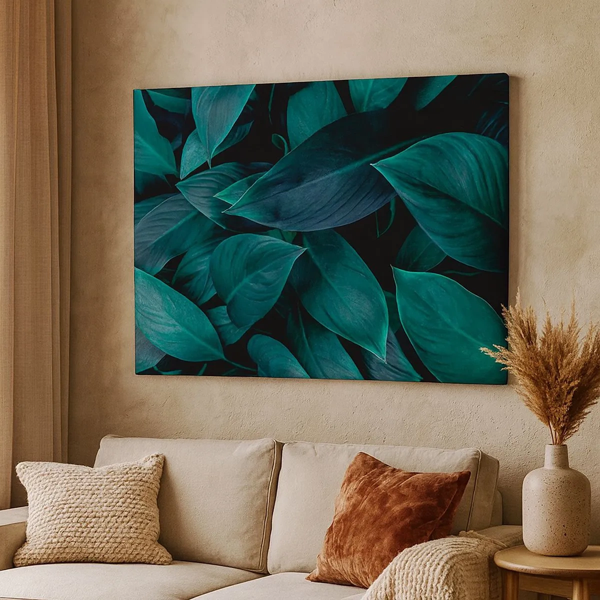 Bild auf Leinwand - Leinwandbild - Nahaufnahme von grünen Blättern mit dunklem Hintergrund - 70x50cm - Grün in sich selbst - Moderne Wanddekoration für Wohnzimmer und Schlafzimmer ARTTOR