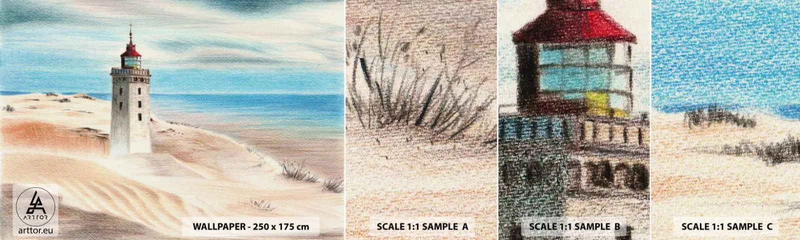 Fototapeten Muster Selbstklebend Deluxe Sticker - Immer aufs Meer starrend - Leuchtturm, Strand, Meer - 100x30 cm