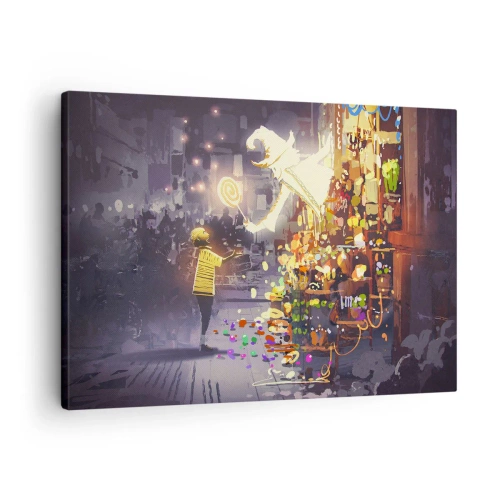 Bild auf Leinwand - Leinwandbild - Eine Märchenfigur und ein Kind auf einer Straße voller Lichter und Magie - 70x50cm - Magie ist da - Moderne Wanddekoration für Wohnzimmer und Schlafzimmer ARTTOR