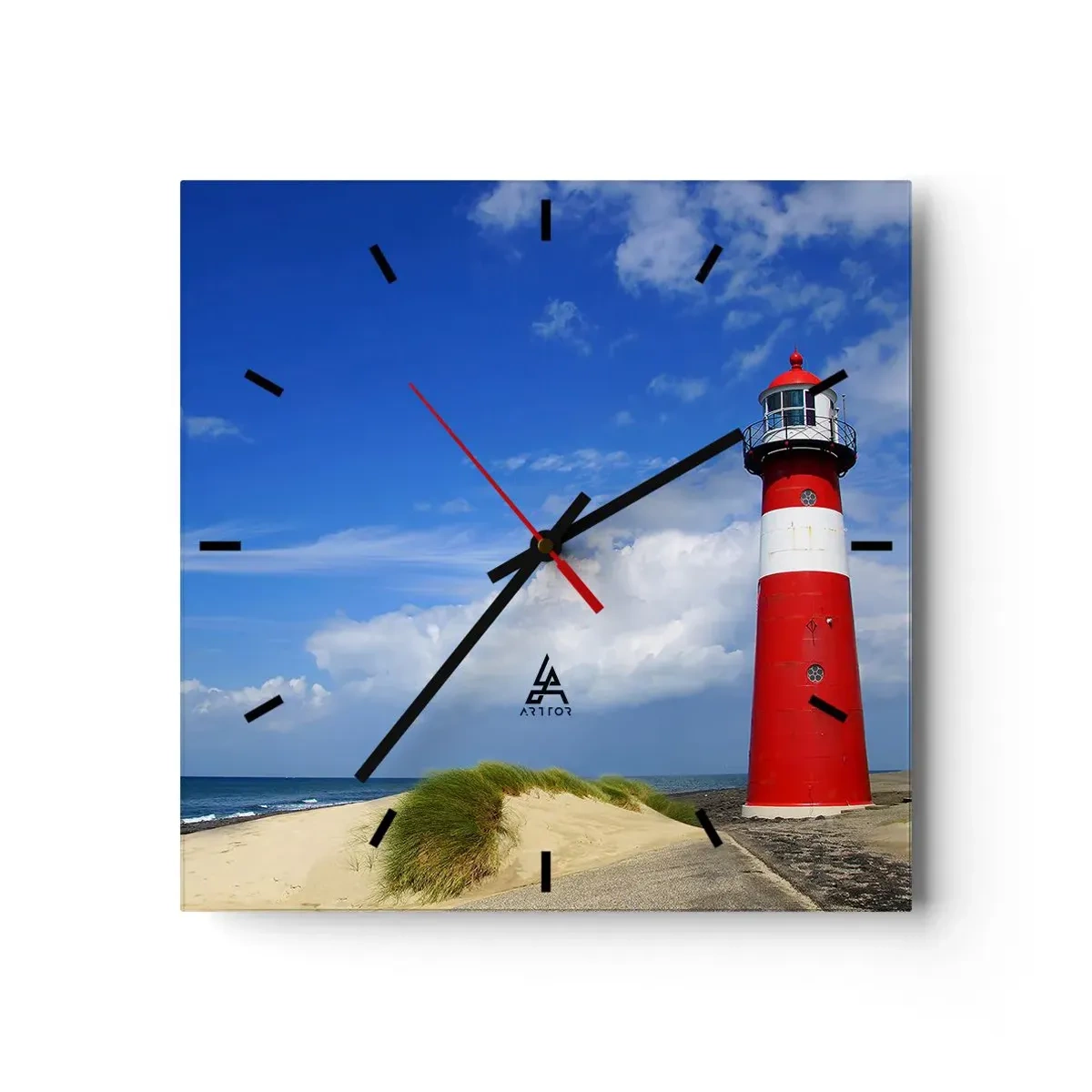 Wanduhr - Glasuhr - Roter Leuchtturm am Strand unter blauem Himmel - 30x30cm - Traum Einsamkeit - Moderne Wanddekoration für Wohnzimmer und Schlafzimmer ARTTOR