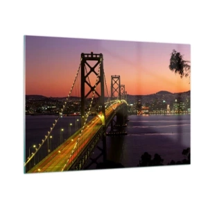 Glasbild - Bild auf glas - Die Brücke bei Nacht in der Stadt und Sonnenuntergangslicht - 100x70cm - Violetter Abend - Moderne Wanddekoration für Wohnzimmer und Schlafzimmer ARTTOR