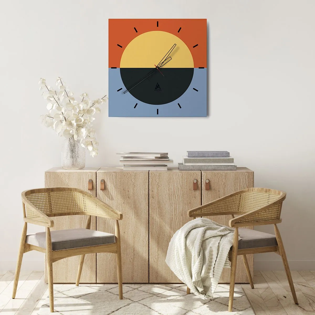 Wanduhr - Glasuhr - Geometrische Abstraktion mit kontrastierenden Farben - 30x30cm - Eine Komposition aus Wärme und Kühle - Moderne Wanddekoration für Wohnzimmer und Schlafzimmer ARTTOR