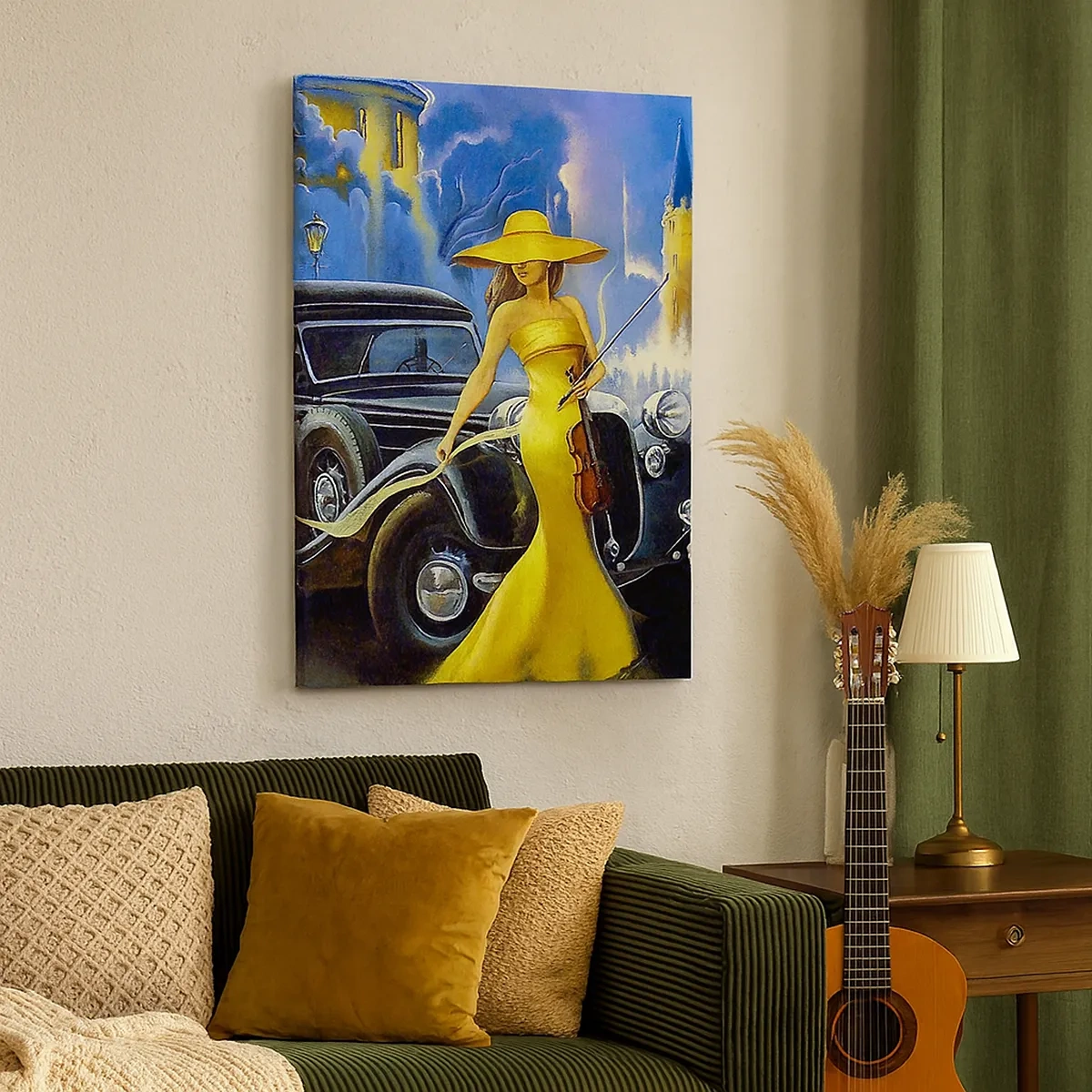 Bild auf Leinwand - Leinwandbild - Eine Frau in einem gelben Kleid mit einer Geige neben einem Retro-Auto. - 50x70cm - Nocturne für Violine und Liebe - Moderne Wanddekoration für Wohnzimmer und Schlafzimmer ARTTOR