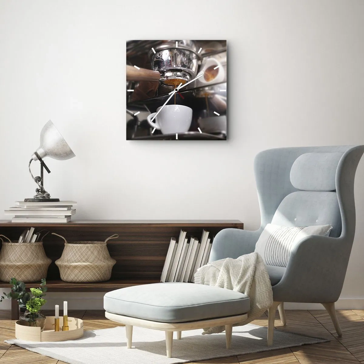 Wanduhr - Glasuhr - Nahaufnahme einer Kaffeemaschine, die einen frischen Espresso zubereitet - 30x30cm - Gute Zeit des Tages - Moderne Wanddekoration für Wohnzimmer und Schlafzimmer ARTTOR