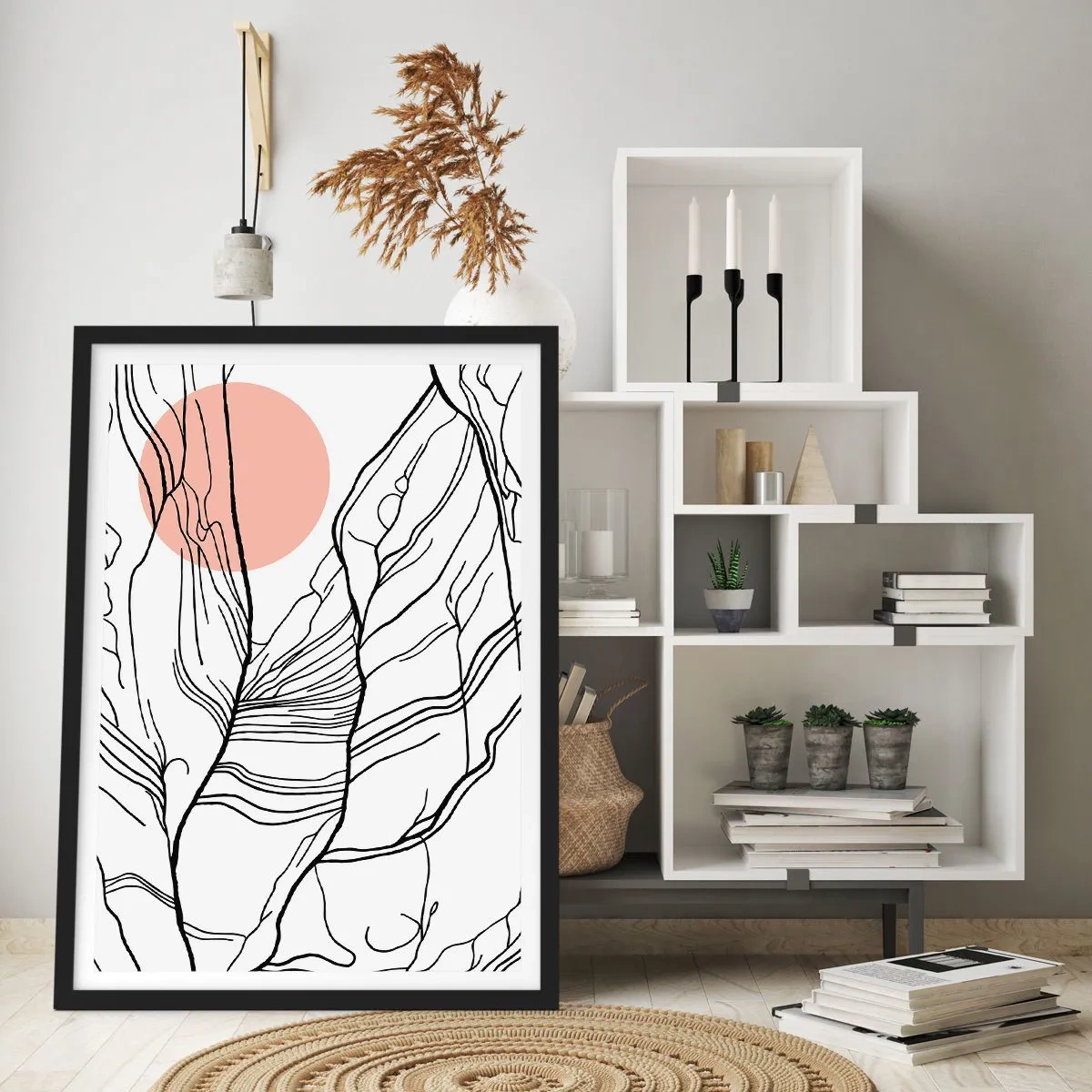 Poster in einem schwarzem Rahmen - Minimalistische Strichzeichnung mit einem rosa Kreis im Hintergrund - 50x70cm - In einem Netz aus Zweigen - Moderne Wanddekoration für Wohnzimmer und Schlafzimmer ARTTOR