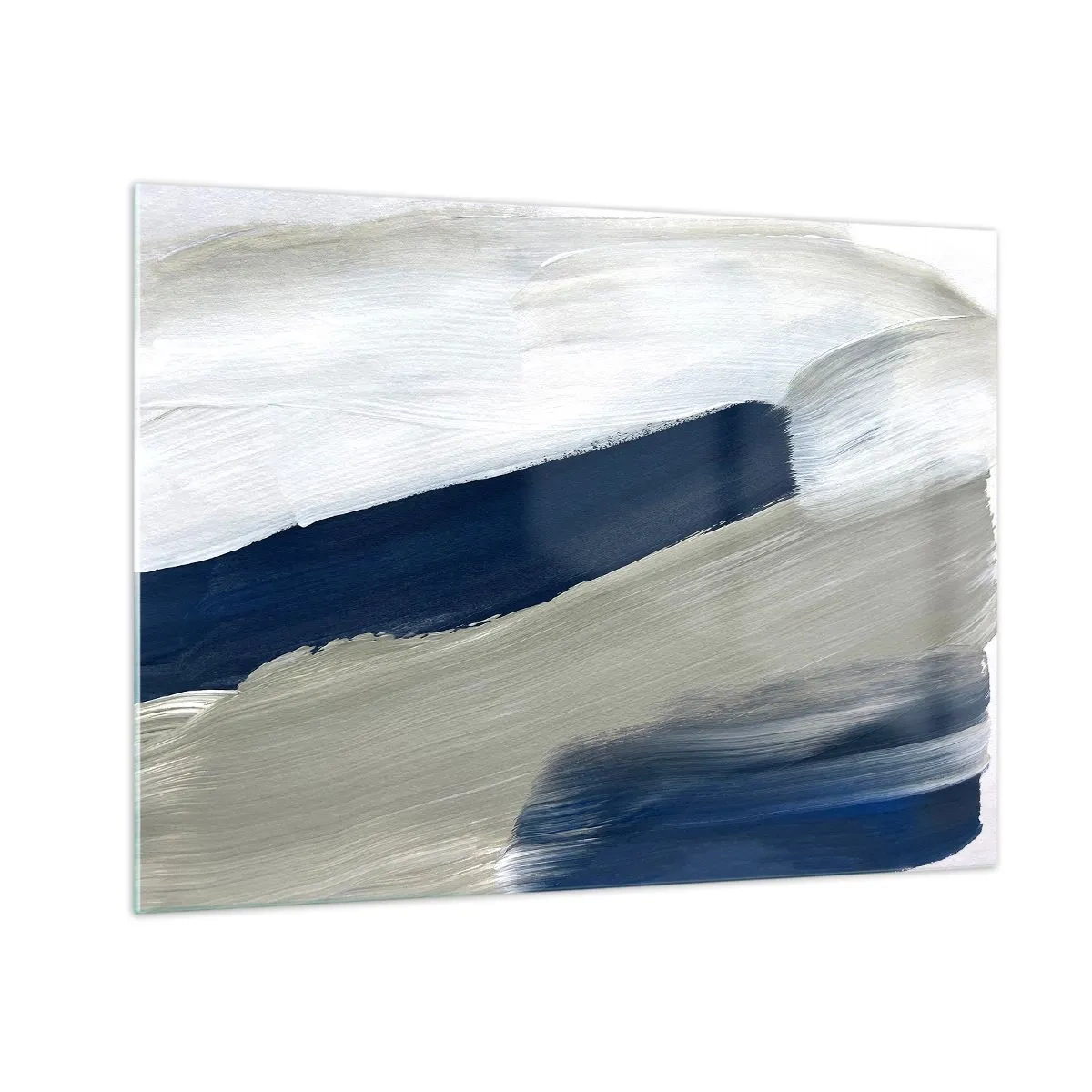 Glasbild - Bild auf glas - Minimalistische Abstraktion mit dynamischen Strichen in Weiß, Marineblau und Grau. - 70x50cm - Begegnung mit dem Weißsein - Moderne Wanddekoration für Wohnzimmer und Schlafzimmer ARTTOR