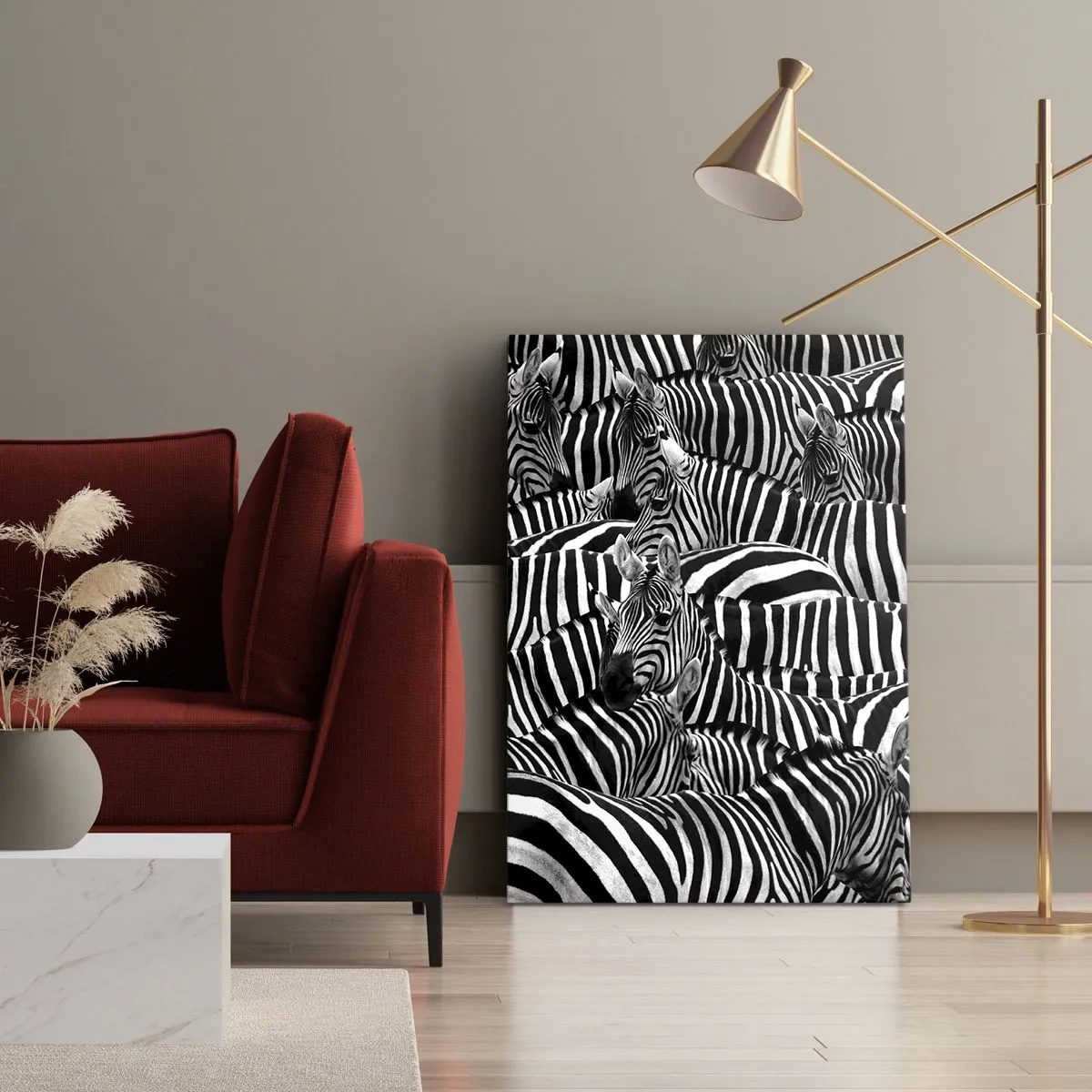Bild auf Leinwand - Leinwandbild - Eine Gruppe Zebras mit schwarzen und weißen Streifen, die ein symmetrisches Muster bilden. - 50x70cm - Gestreiftes Gruppenportrait - Moderne Wanddekoration für Wohnzimmer und Schlafzimmer ARTTOR