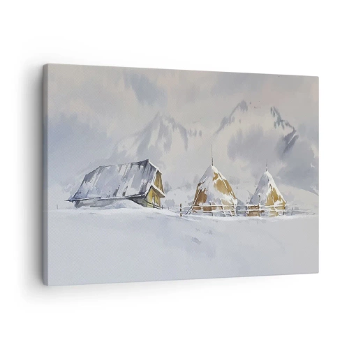 Bild auf Leinwand - Leinwandbild - Winterlandschaft mit Hütte und Heuhaufen in den Bergen - 70x50cm - In einem verschneiten Talkessel - Moderne Wanddekoration für Wohnzimmer und Schlafzimmer ARTTOR