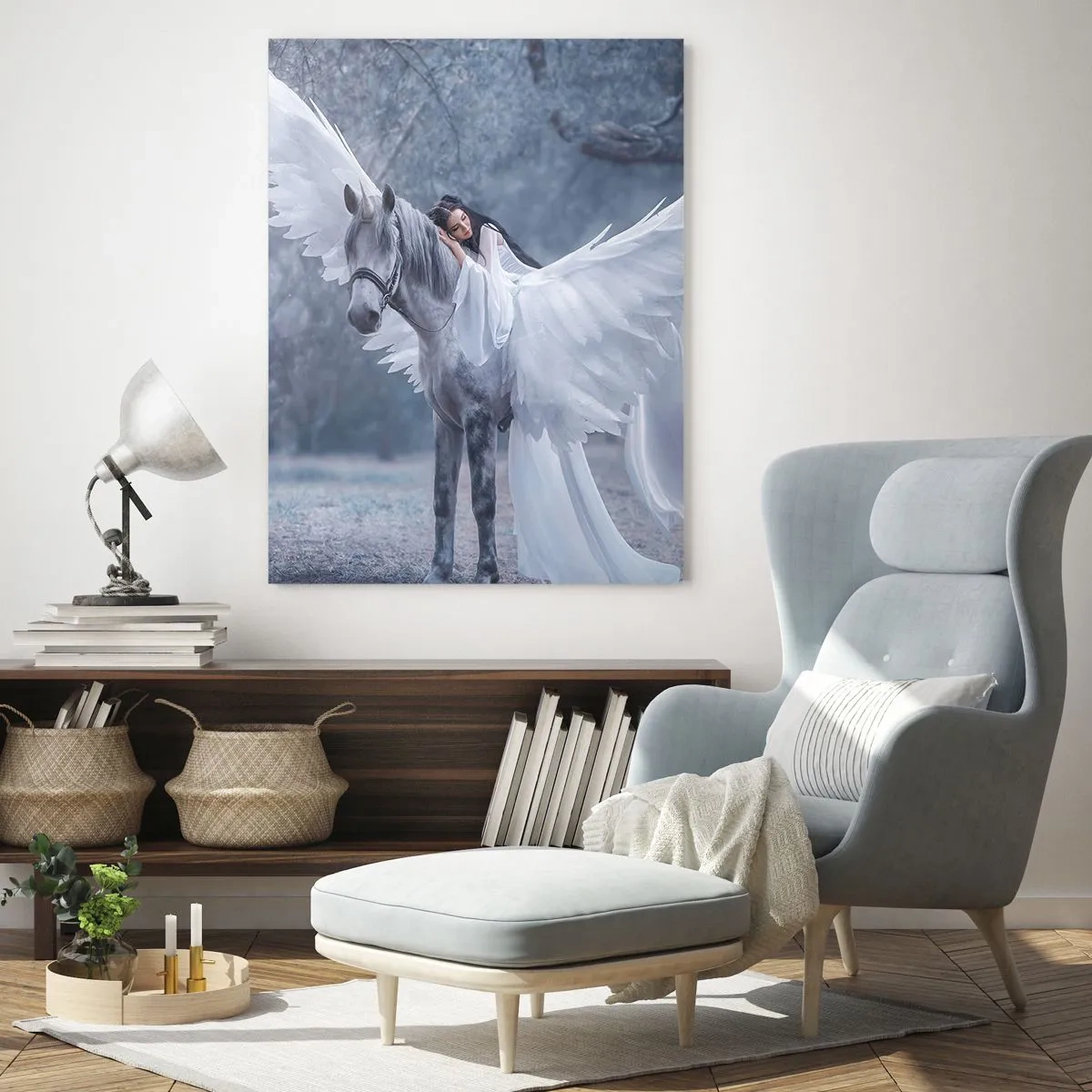 Glasbild - Bild auf glas - Eine Frau auf einem weißen Pferd mit Flügeln in einem Zauberwald - 70x100cm - Ein inspirierter Moment - Moderne Wanddekoration für Wohnzimmer und Schlafzimmer ARTTOR