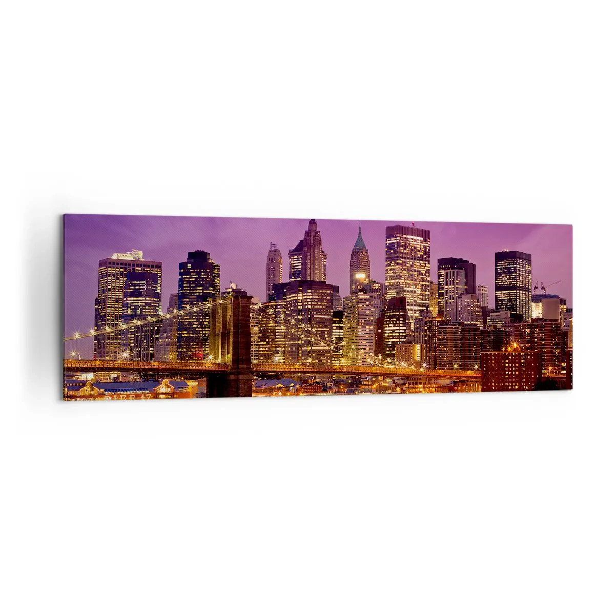 Bild auf Leinwand - Leinwandbild - Panorama der Stadt mit der Brücke im Abendlicht vor dem violetten Himmel - 160x50cm - Violett-goldenes Manhathann - Moderne Wanddekoration für Wohnzimmer und Schlafzimmer ARTTOR