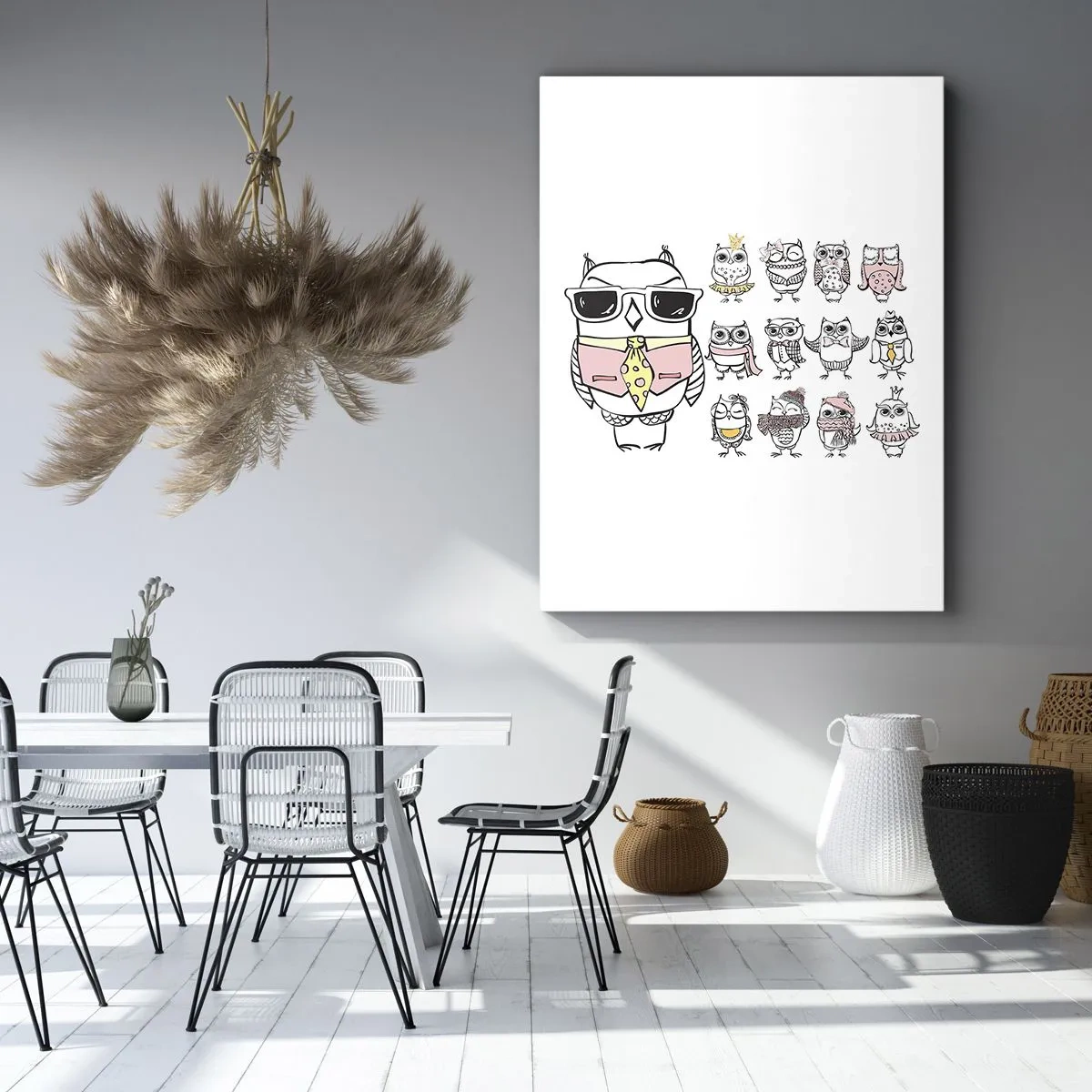 Bild auf Leinwand - Leinwandbild - Eulen in verschiedenen Stilen und Kleidern - 50x70cm - So viele Rollen zu spielen - Moderne Wanddekoration für Wohnzimmer und Schlafzimmer ARTTOR