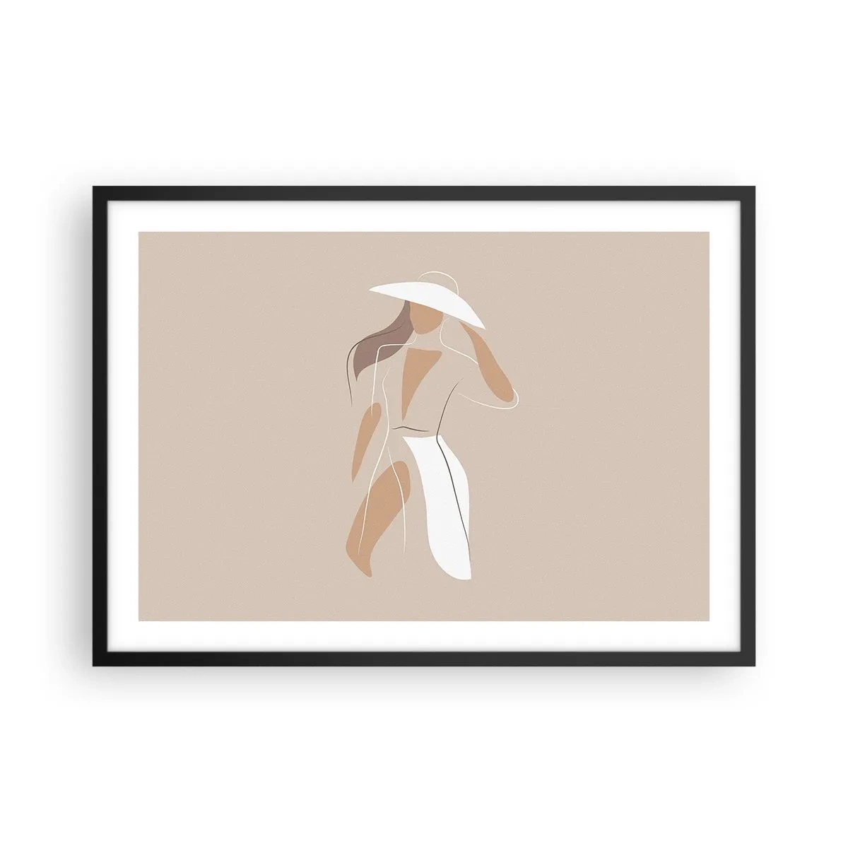 Poster in einem schwarzem Rahmen - Eine minimalistische Zeichnung einer Frau mit Hut auf beigem Hintergrund. - 70x50cm - Mode macht Spaß - Moderne Wanddekoration für Wohnzimmer und Schlafzimmer ARTTOR