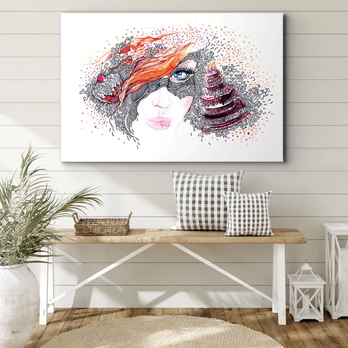 Bild auf Leinwand - Leinwandbild - Künstlerisches Frauenporträt mit Details und rotem Akzent - 70x50cm - Bei ihr ist jeden Tag Feiertag - Moderne Wanddekoration für Wohnzimmer und Schlafzimmer ARTTOR
