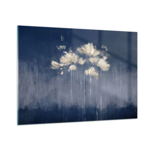 Glasbild - Bild auf glas - Goldenes abstraktes Blumenarrangement auf marineblauem Hintergrund - 100x70cm - Wie Blütenblätter im Wind - Moderne Wanddekoration für Wohnzimmer und Schlafzimmer ARTTOR