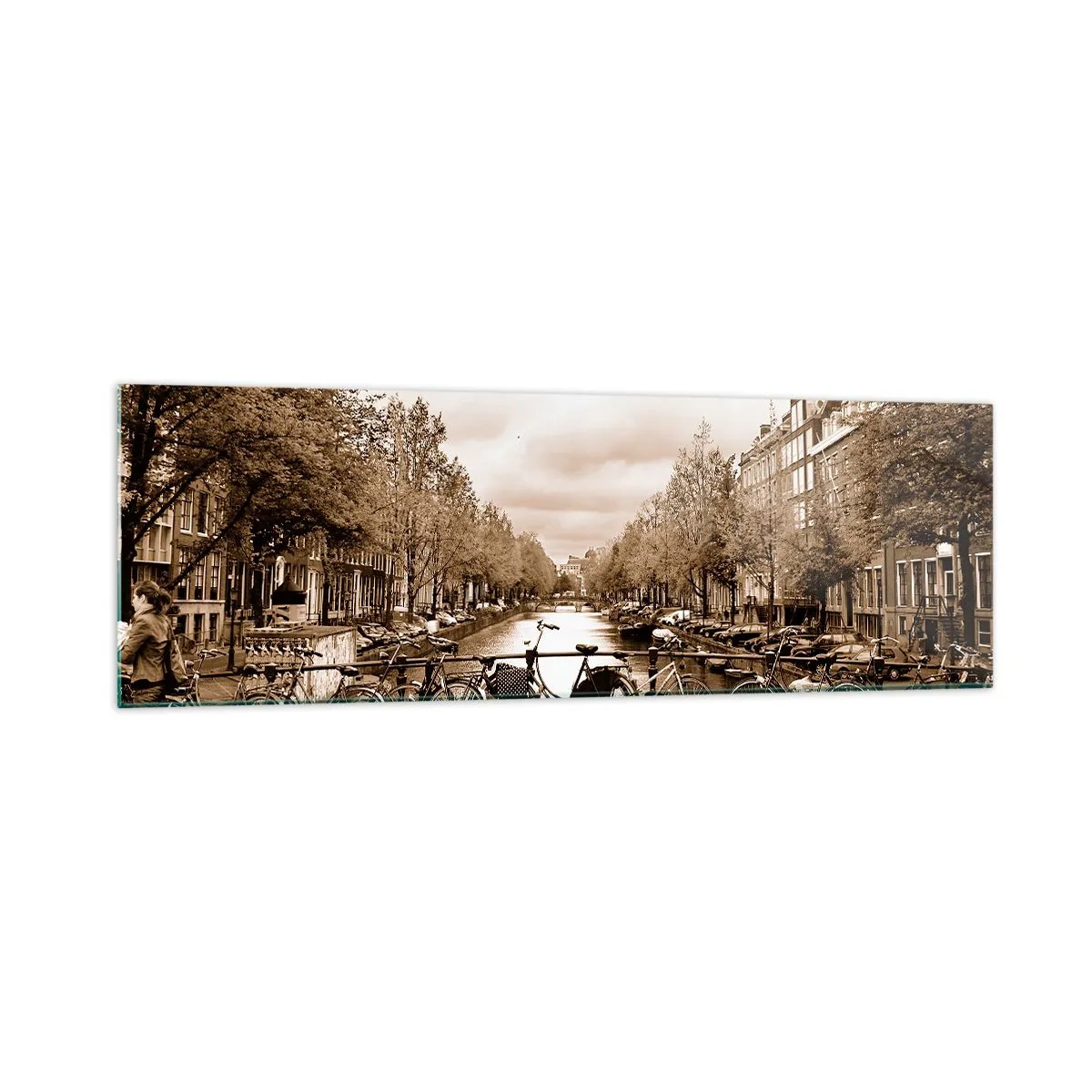 Glasbild - Bild auf glas - Fahrradbrücke über den Kanal in Sepia - 160x50cm - Niederländische Atmosphäre - Moderne Wanddekoration für Wohnzimmer und Schlafzimmer ARTTOR