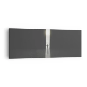 Bild auf Leinwand - Leinwandbild - Ein Mann steht im Licht eines schmalen Schlitzes in einem dunklen Raum - 140x50cm - Ein Schritt in eine strahlende Zukunft - Moderne Wanddekoration für Wohnzimmer und Schlafzimmer ARTTOR