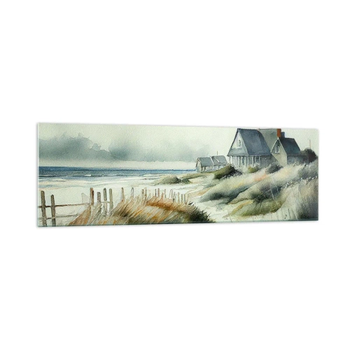Glasbild - Bild auf glas - Ein Haus am Meer, umgeben von Gras und mit Blick auf das Meer - 160x50cm - Abseits vom Trubel - Moderne Wanddekoration für Wohnzimmer und Schlafzimmer ARTTOR