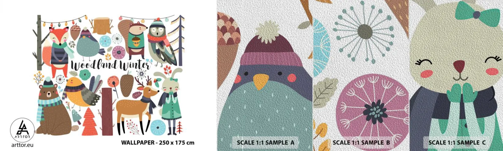 Fototapeten Muster Premium Sand - Märchenhafter Urlaub im Wald - Für Kinder, Winter im Wald, Tiere - 100x30 cm