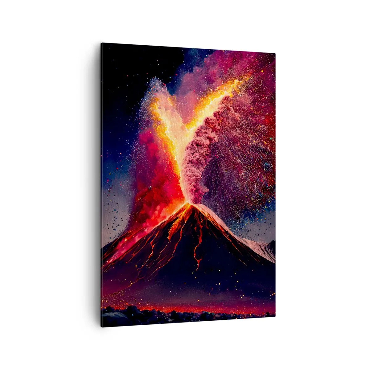 Bild auf Leinwand - Leinwandbild - Ein einzigartiger Vulkanausbruch bei Nacht mit dynamischen Farben. - 70x100cm - Schönheit und Horror - Moderne Wanddekoration für Wohnzimmer und Schlafzimmer ARTTOR
