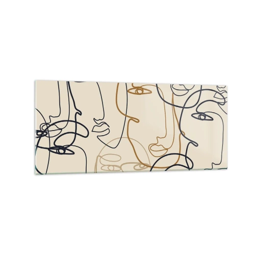 Glasbild - Bild auf glas - Minimalistische Strichzeichnungen von Gesichtern auf hellem Hintergrund - 120x50cm - Das Porträt wird multipliziert - Moderne Wanddekoration für Wohnzimmer und Schlafzimmer ARTTOR
