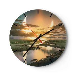 Wanduhr - Glasuhr - Landschaft mit zwei Monden vor der untergehenden Sonne - 30x30cm - Irgendwo in einer weit, weit entfernten Galaxie - Moderne Wanddekoration für Wohnzimmer, Küche und Schlafzimmer ARTTOR