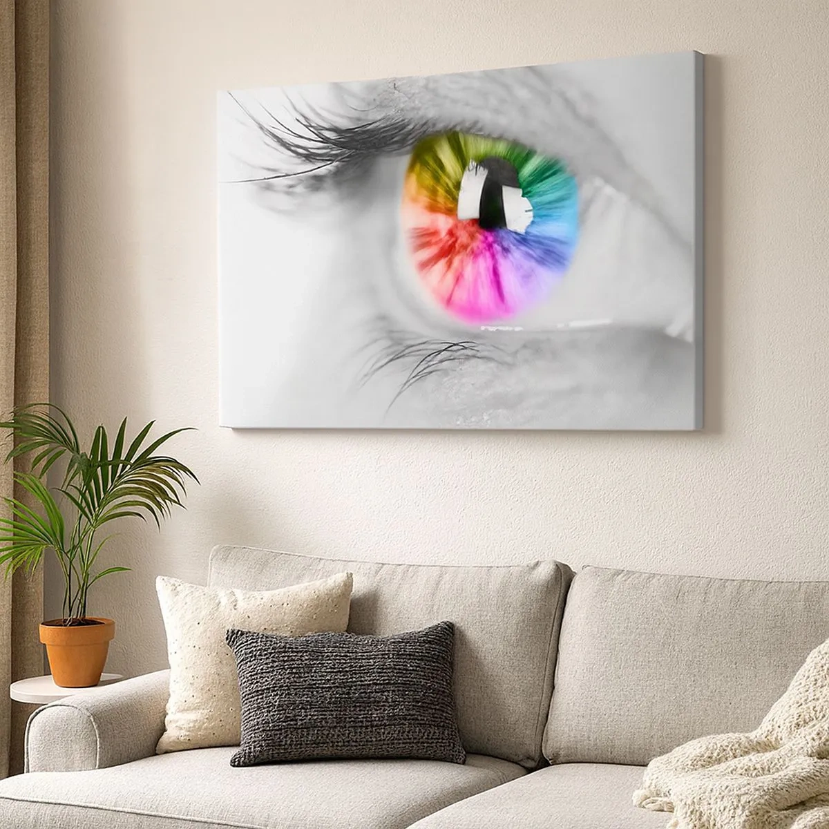 Bild auf Leinwand - Leinwandbild - Künstlerische Aufnahme eines Auges mit einer Regenbogeniris auf grauem Hintergrund - 70x50cm - Schau dir die Welt in Farbe an - Moderne Wanddekoration für Wohnzimmer und Schlafzimmer ARTTOR