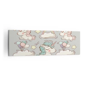 Bild auf Leinwand - Leinwandbild - Niedliche Einhörner auf pastellfarbenem Hintergrund - 160x50cm - Sicherlich gibt es... - Moderne Wanddekoration für Wohnzimmer und Schlafzimmer ARTTOR