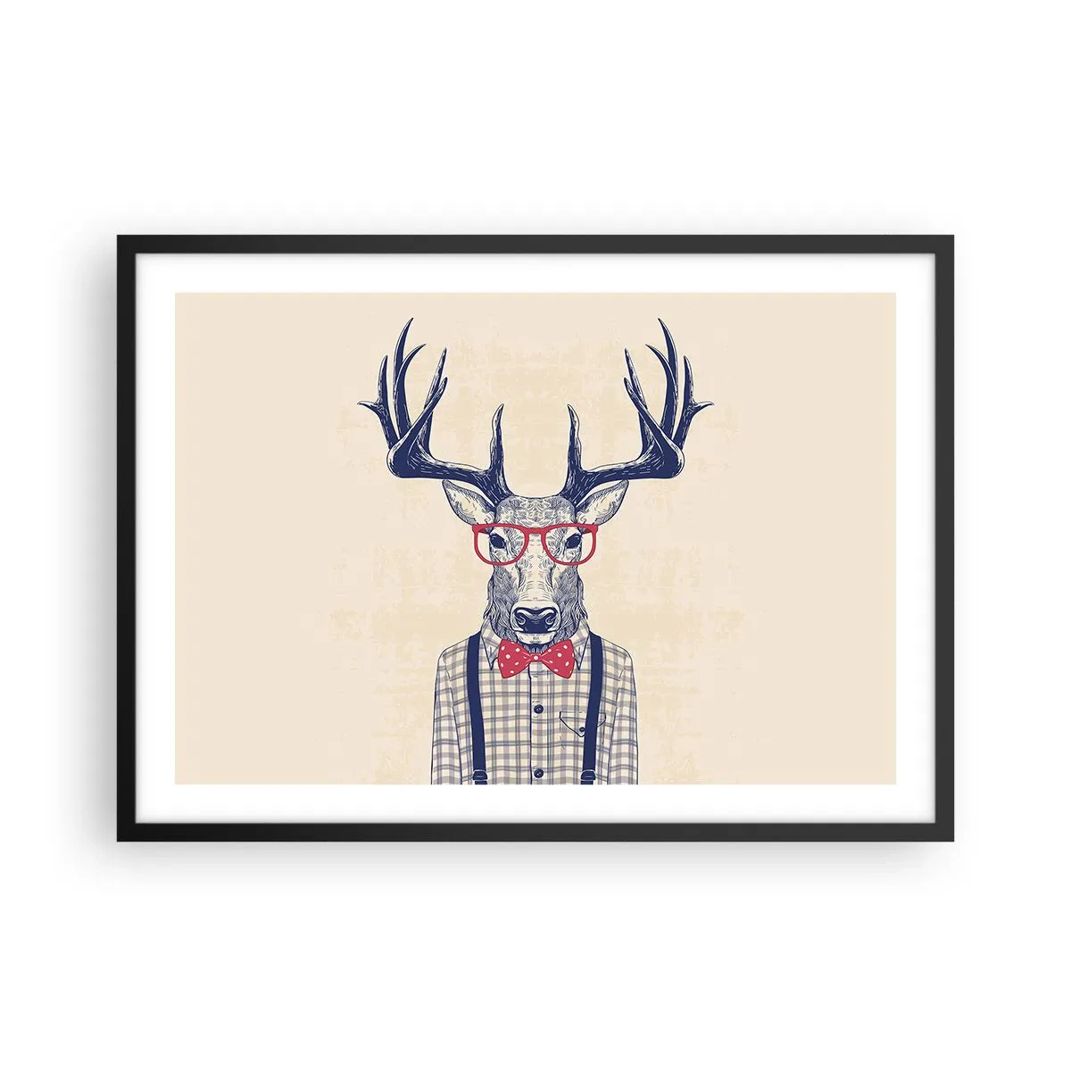 Poster in einem schwarzem Rahmen - Stilisierte Grafik eines Hirsches mit Brille und Fliege - 70x50cm - Eine lustige Extravaganz - Moderne Wanddekoration für Wohnzimmer und Schlafzimmer ARTTOR