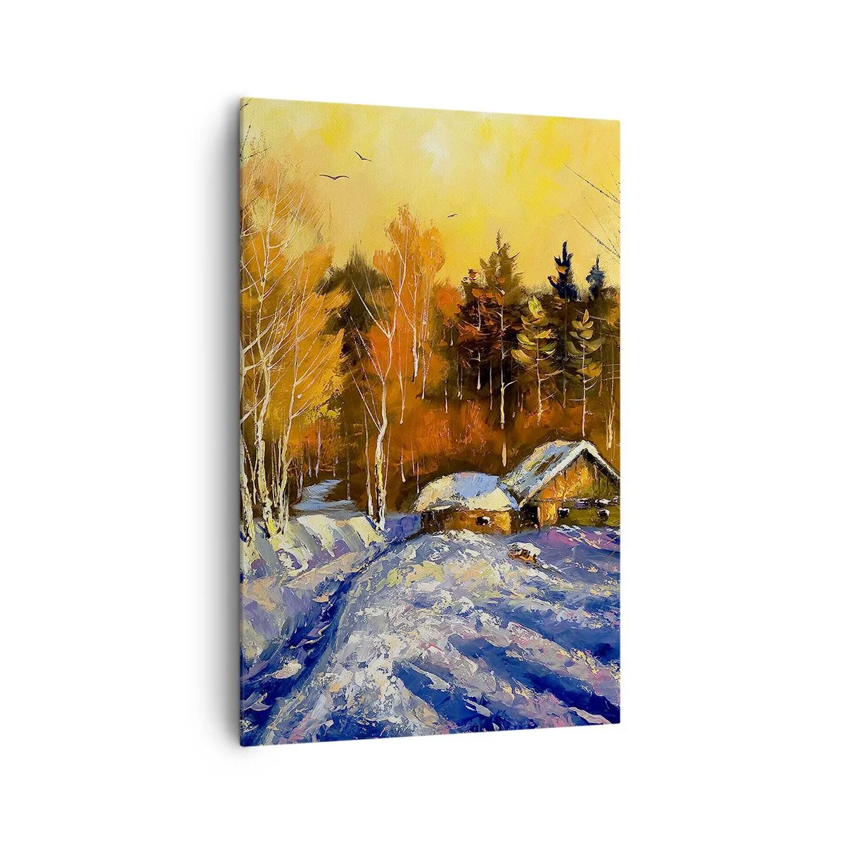 Bild auf Leinwand - Leinwandbild - Winterlandschaft mit einem Haus im Licht der untergehenden Sonne - 80x120cm - Wintereindruck in der Sonne - Moderne Wanddekoration für Wohnzimmer und Schlafzimmer ARTTOR