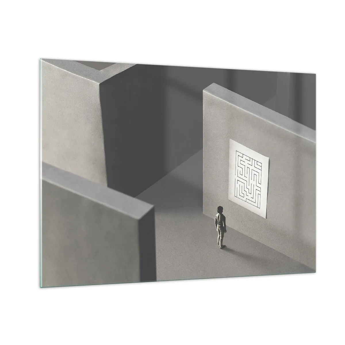 Glasbild - Bild auf glas - Kind in einem Labyrinth mit einem Rätselsymbol - 100x70cm - Aber wo bin ich? - Moderne Wanddekoration für Wohnzimmer und Schlafzimmer ARTTOR