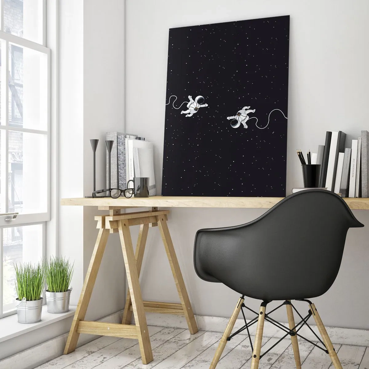 Glasbild - Bild auf glas - Astronauten schweben im Weltraum vor dem Hintergrund der Sterne - 80x120cm - Kosmischer Tanz - Moderne Wanddekoration für Wohnzimmer und Schlafzimmer ARTTOR