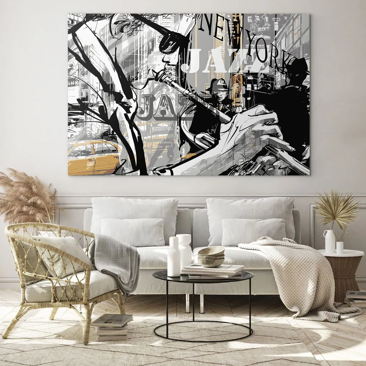 Glasbild - Bild auf glas - Eine stilvolle Zeichnung eines Jazzmusikers, der in einer New Yorker Umgebung Trompete spielt. - 120x80cm - Im Rhythmus von New York - Moderne Wanddekoration für Wohnzimmer und Schlafzimmer ARTTOR