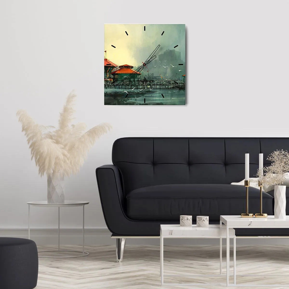 Wanduhr - Glasuhr - Ein sonniger Tag im Hafen - 40x40 cm