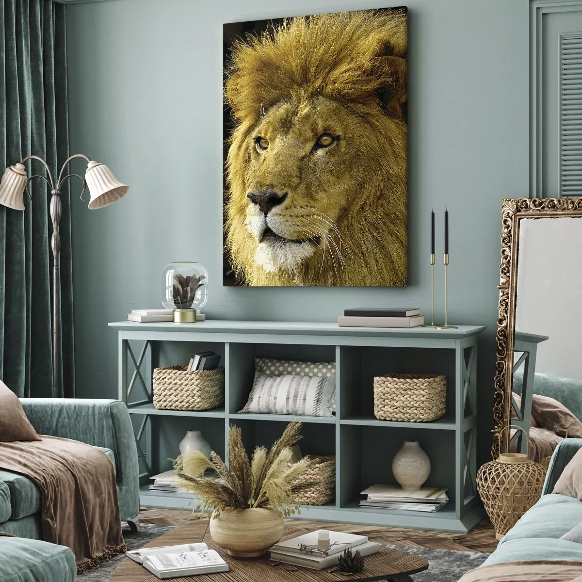 Bild auf Leinwand - Leinwandbild - Porträt eines Löwen mit majestätischer Mähne vor dunklem Hintergrund - 50x70cm - Porträt des Königs - Moderne Wanddekoration für Wohnzimmer und Schlafzimmer ARTTOR