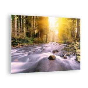 Glasbild - Bild auf glas - Waldbach im Sonnenlicht - 70x50cm - Malachit im Silber- und Goldrahmen - Moderne Wanddekoration für Wohnzimmer und Schlafzimmer ARTTOR