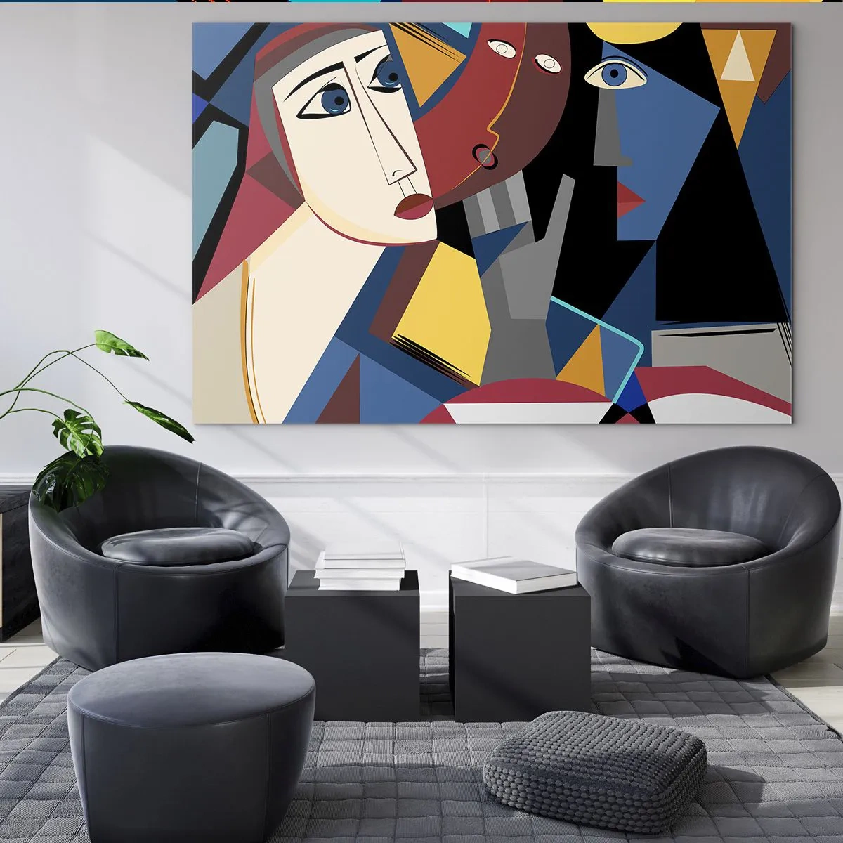 Glasbild - Bild auf glas - Kubistische Gesichter in intensiven Farben - 70x50cm - Gespräch zwischen Kubisten - Moderne Wanddekoration für Wohnzimmer und Schlafzimmer ARTTOR